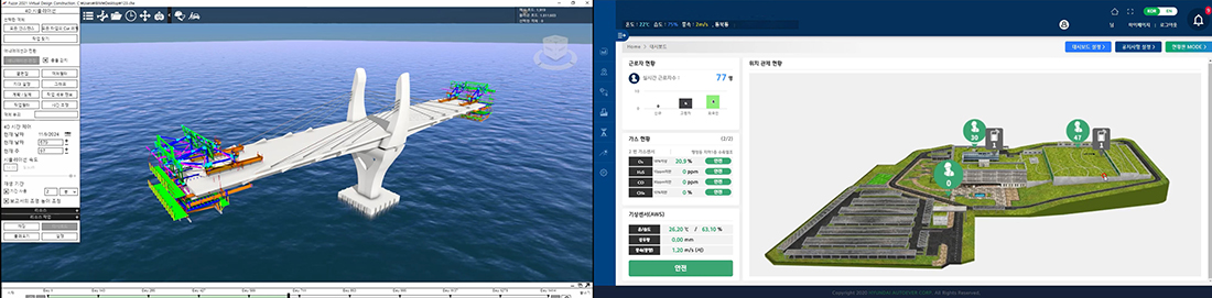 BIM Use Live(시공 BIM) 경연에서 우수성을 증명한 BIM 기반 가설 장비 시공 안전성 검토 화면(좌), 빅데이터, AI 및 IoT 기술을 융합한 현대건설의 디지털기술 기반 안전관리 플랫폼이 스마트 안전기술 분야의 혁신상을 수상했다(우)